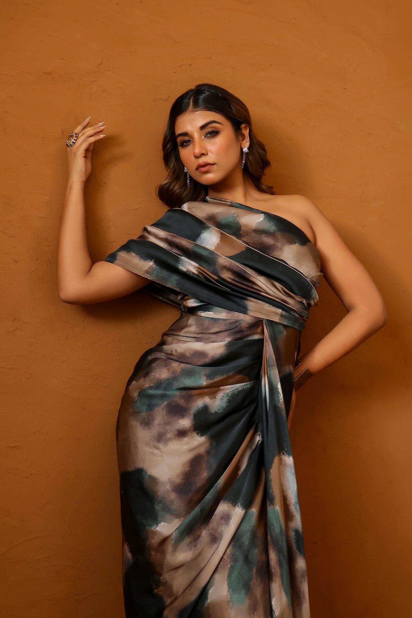 Patina one-shoulder gown