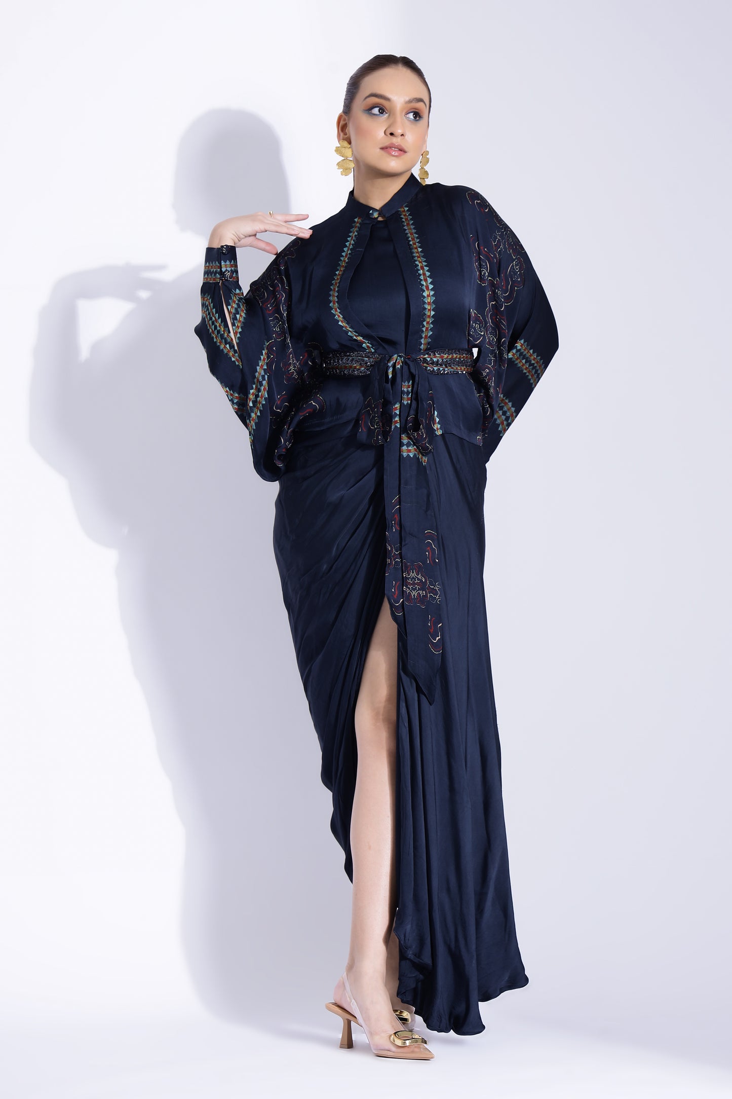 Hand draped gown with kimono shirt