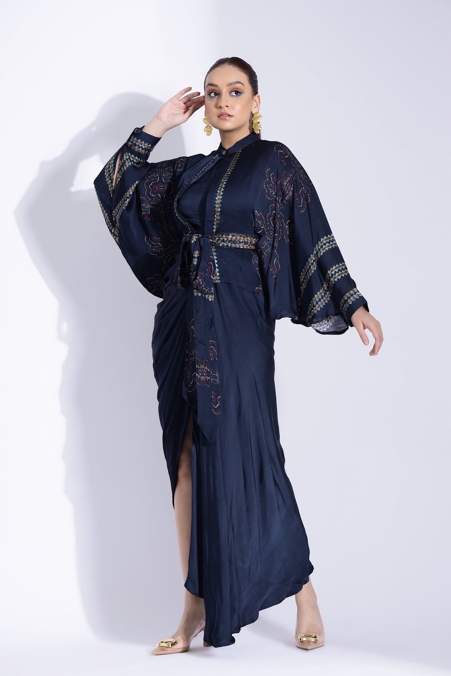Hand draped gown with kimono shirt