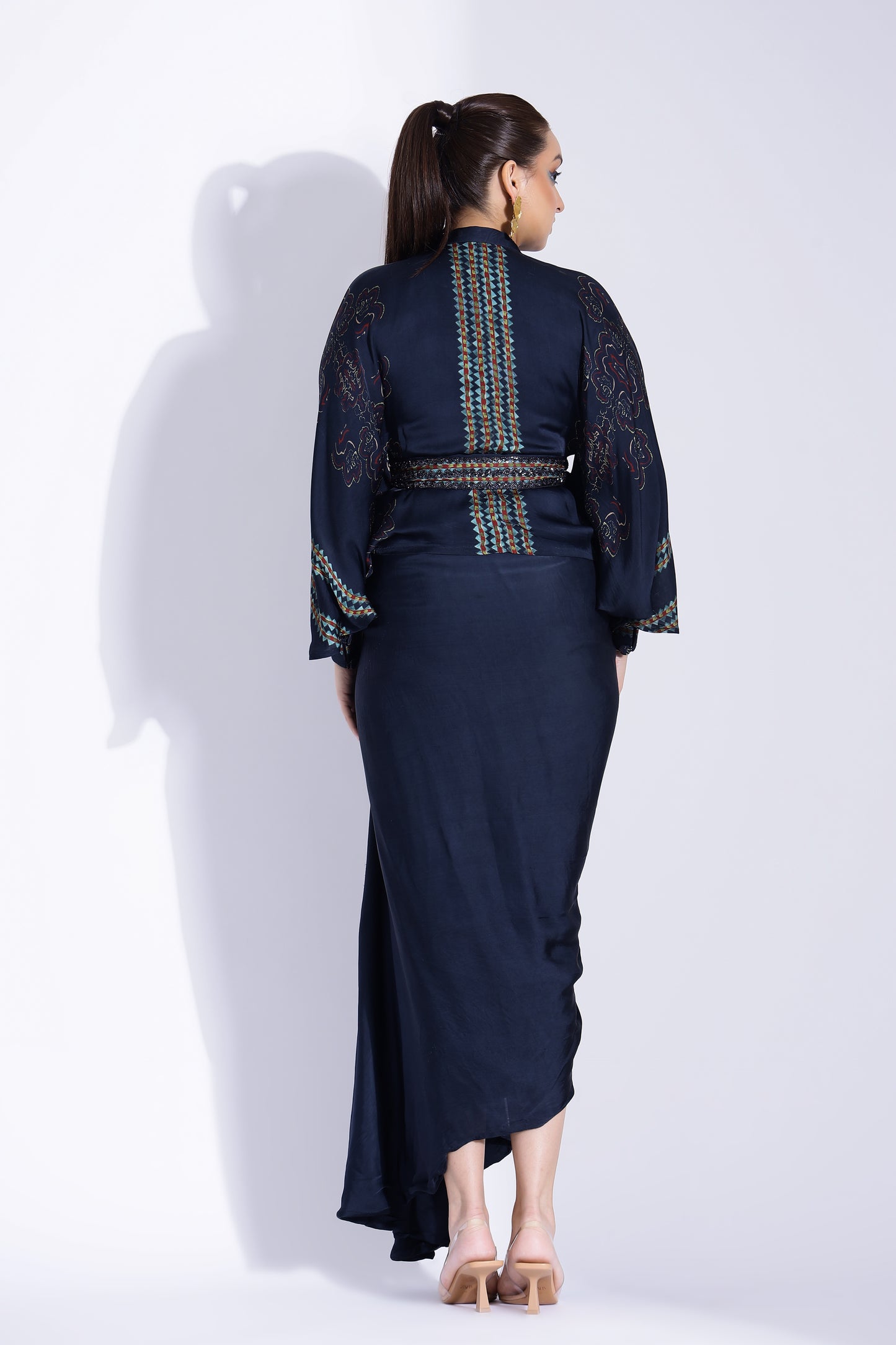 Hand draped gown with kimono shirt