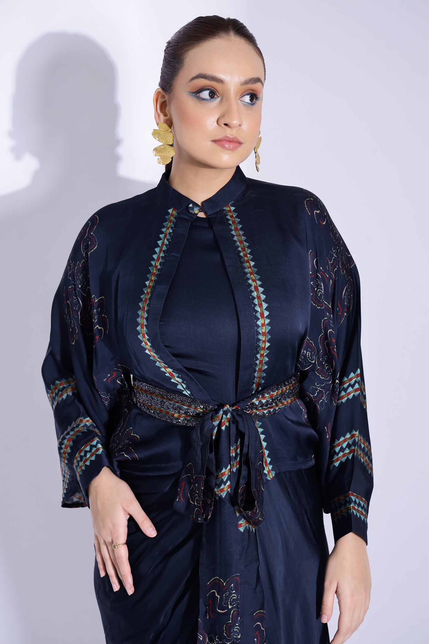 Hand draped gown with kimono shirt