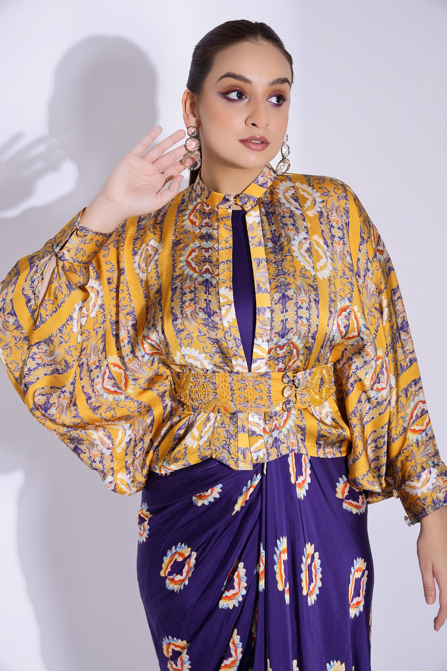 Hand draped gown with kimono shirt