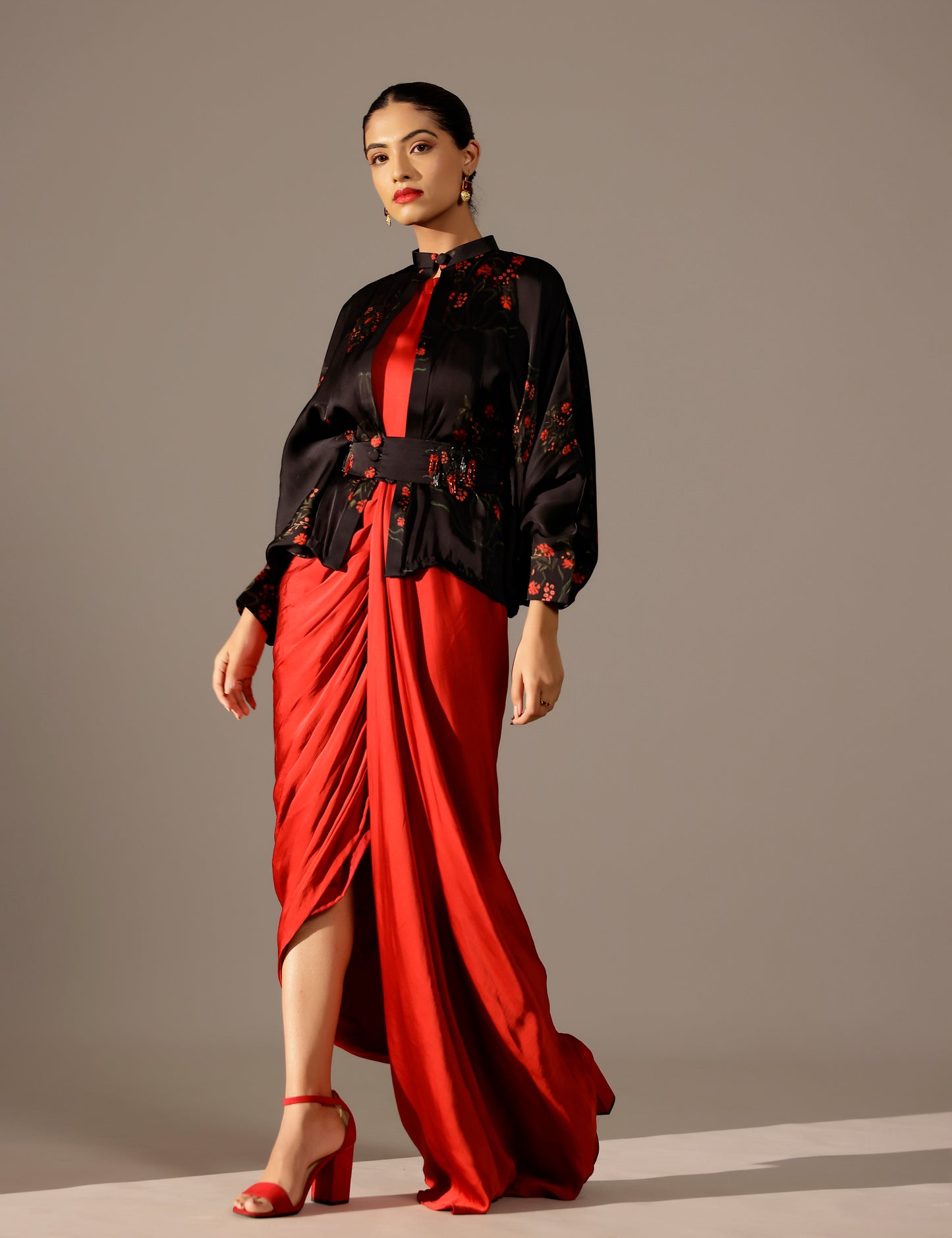 Boota print draped gown with kimono