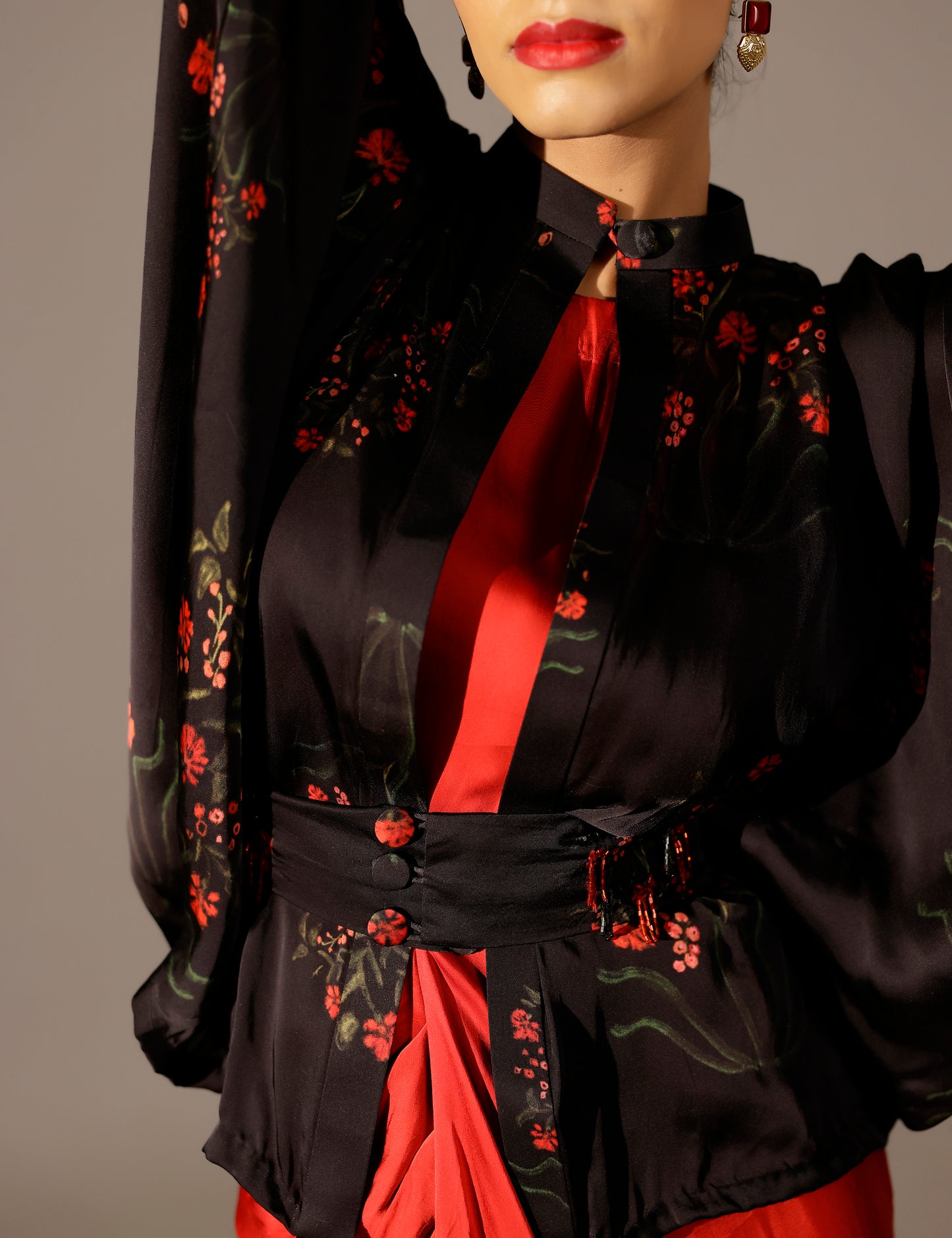 Boota print draped gown with kimono