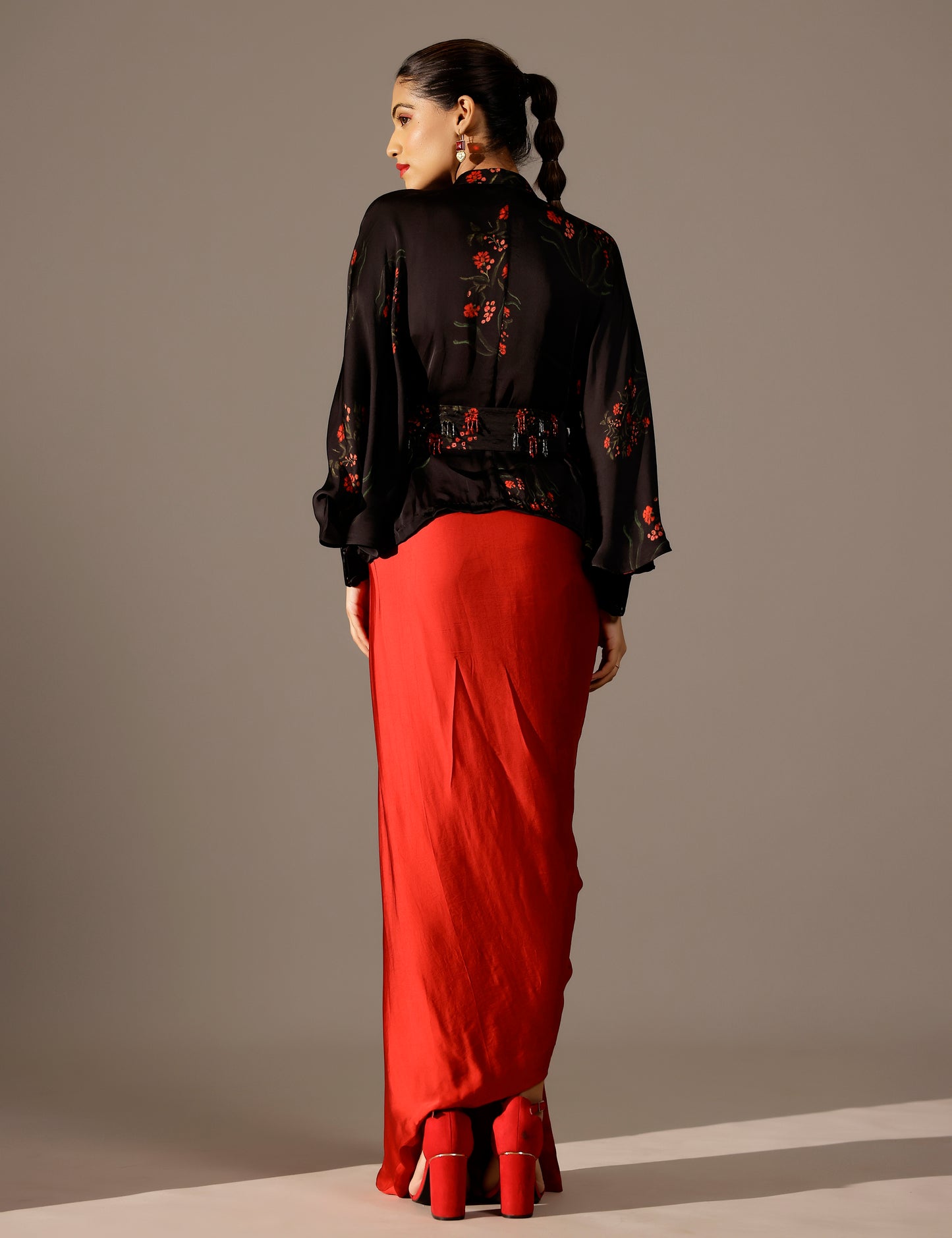 Boota print draped gown with kimono