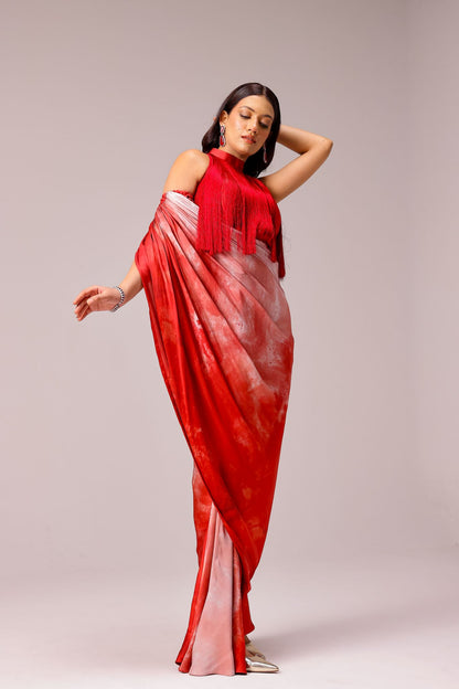 Rosette Draped Sari with Fringe Blouse