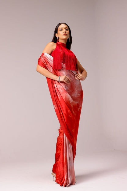 Rosette Draped Sari with Fringe Blouse