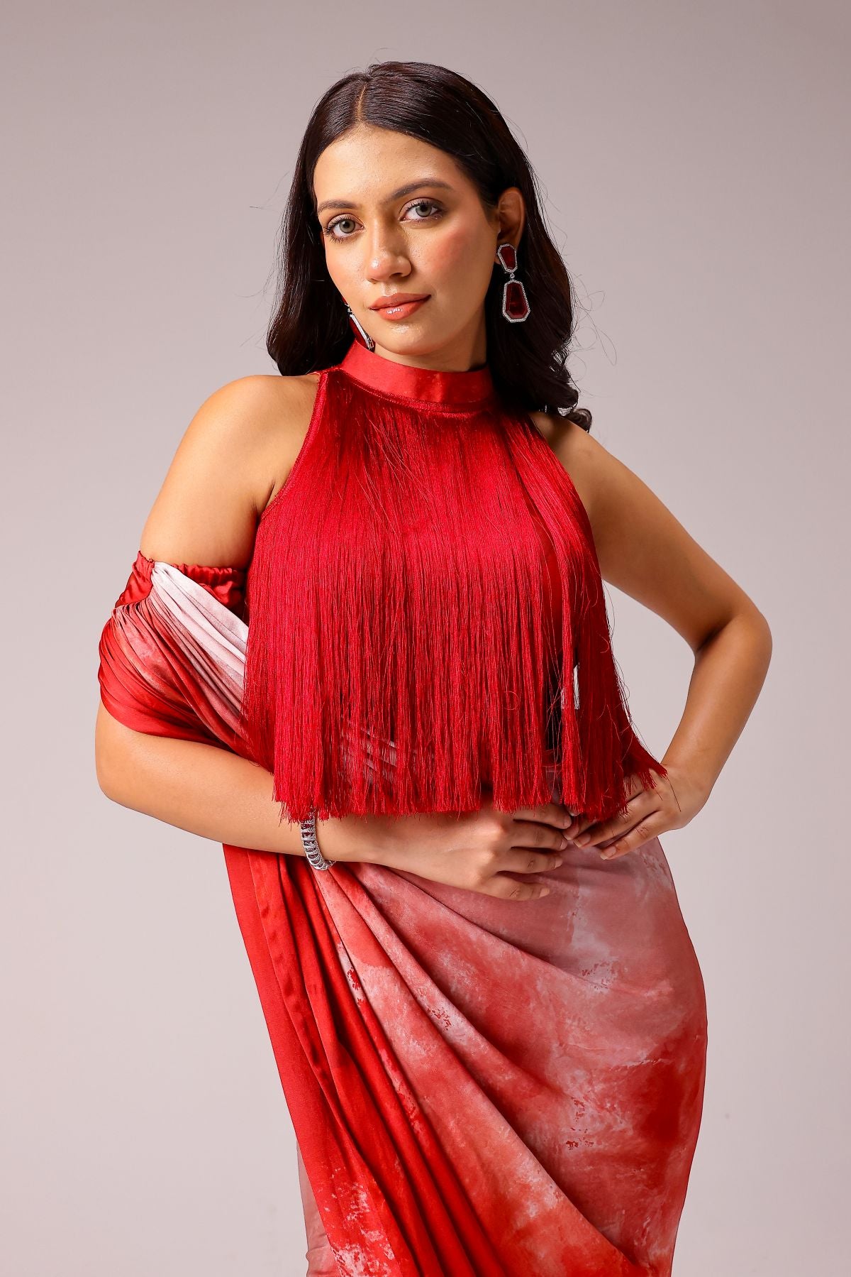 Rosette Draped Sari with Fringe Blouse