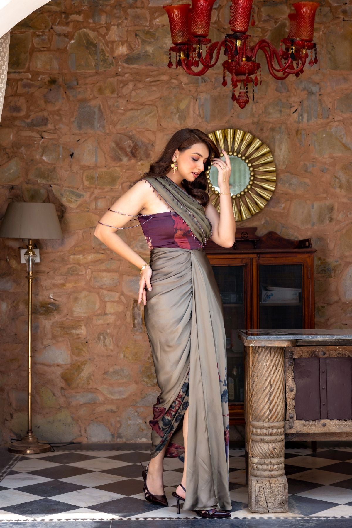 Bagicha draped gown with contrasting bodice and embellished organza drape