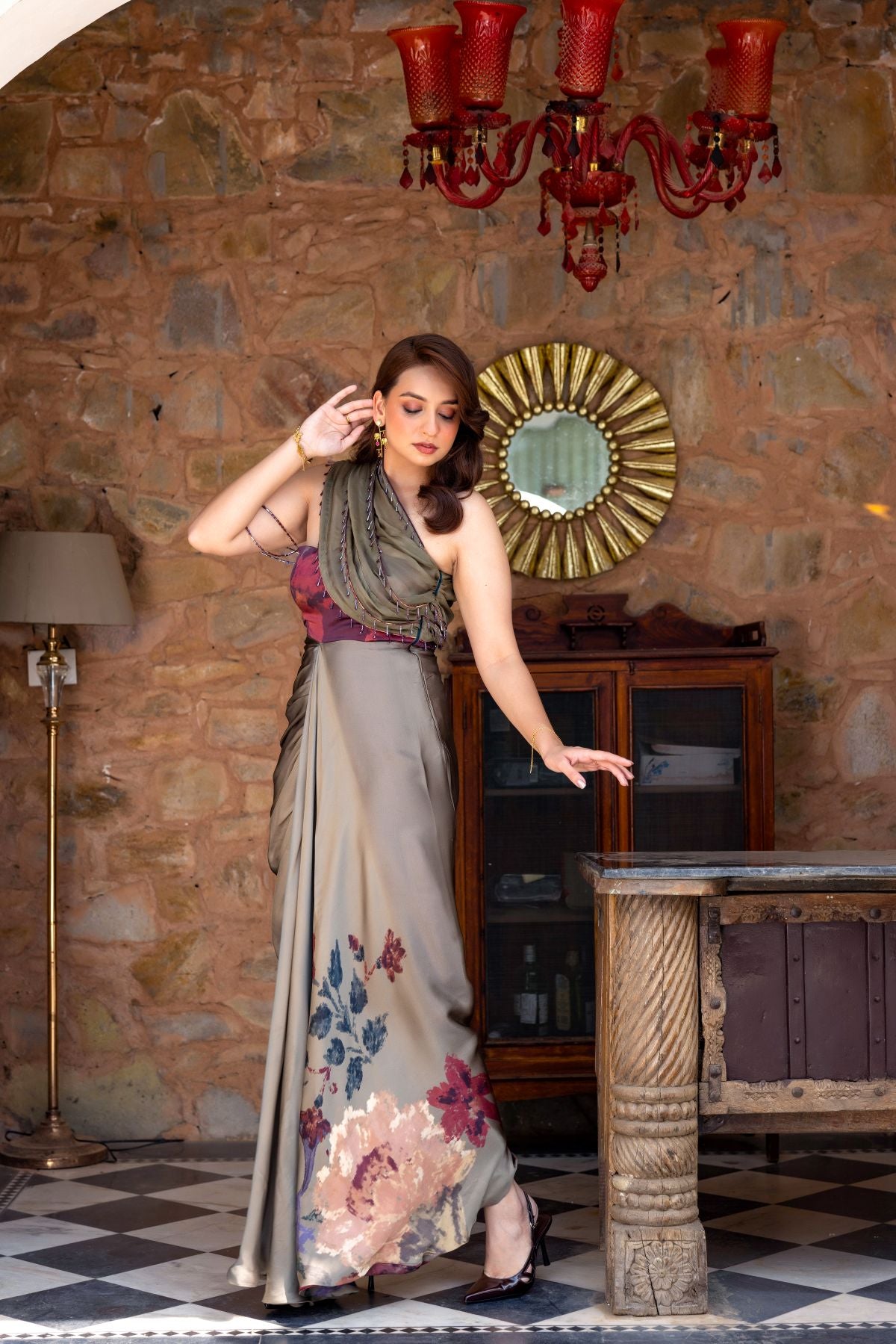 Bagicha draped gown with contrasting bodice and embellished organza drape