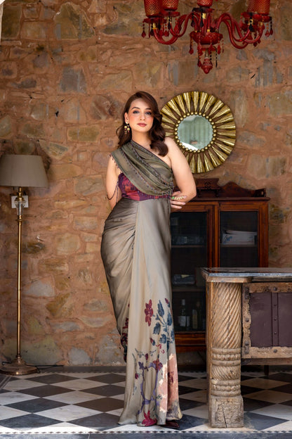 Bagicha draped gown with contrasting bodice and embellished organza drape