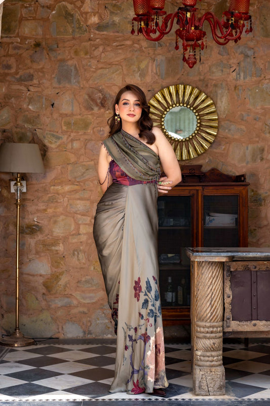 Bagicha draped gown with contrasting bodice and embellished organza drape
