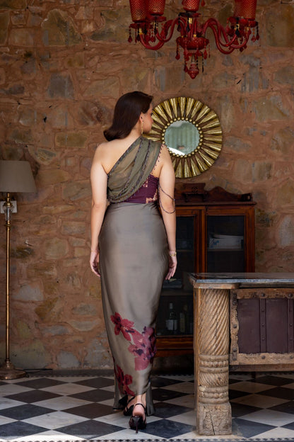Bagicha draped gown with contrasting bodice and embellished organza drape