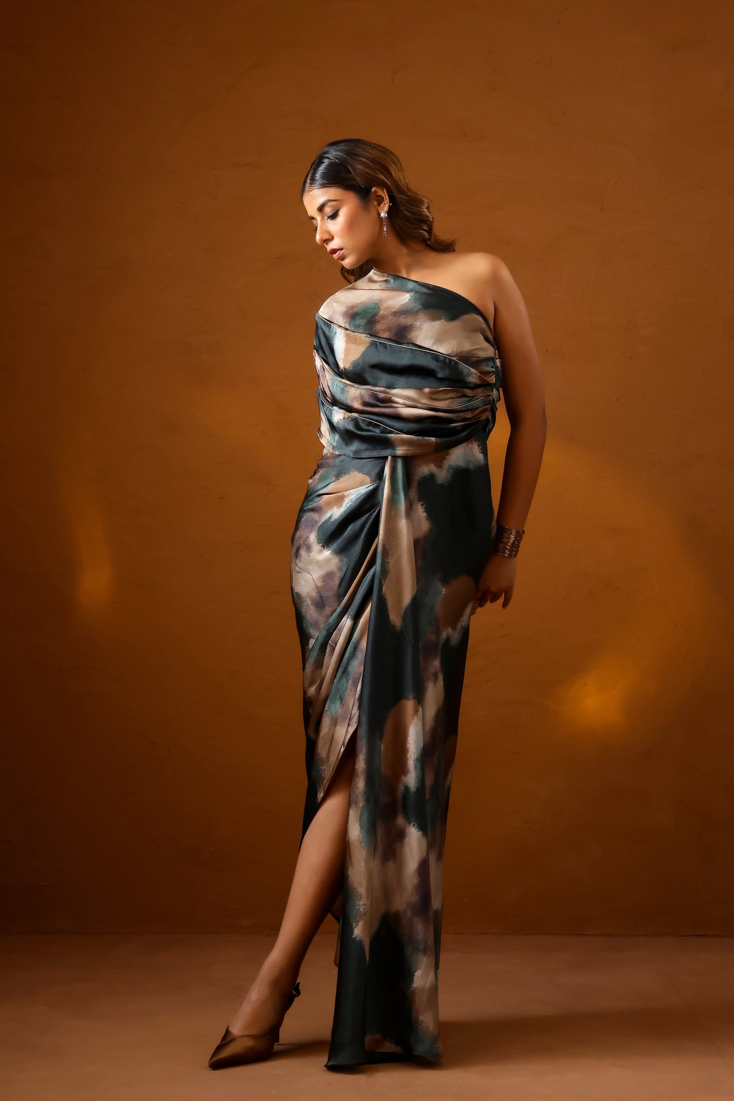 Patina one-shoulder gown