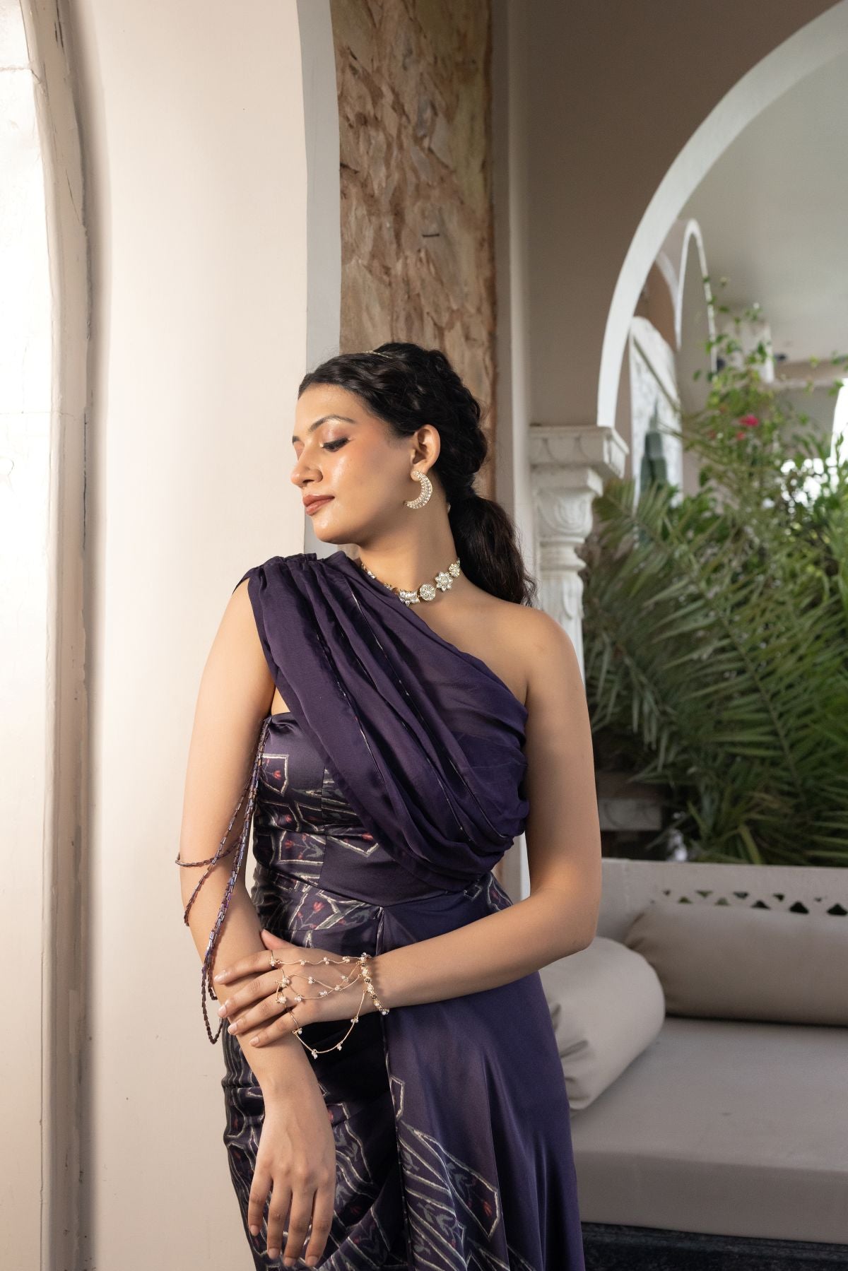Reet one shoulder gown with organza drape
