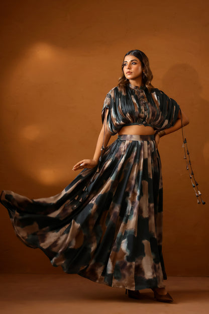 Patina skirt paired with bustier and jacket