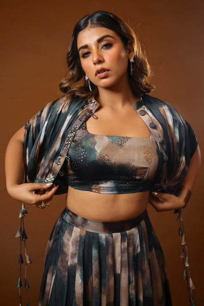 Patina skirt paired with bustier and jacket