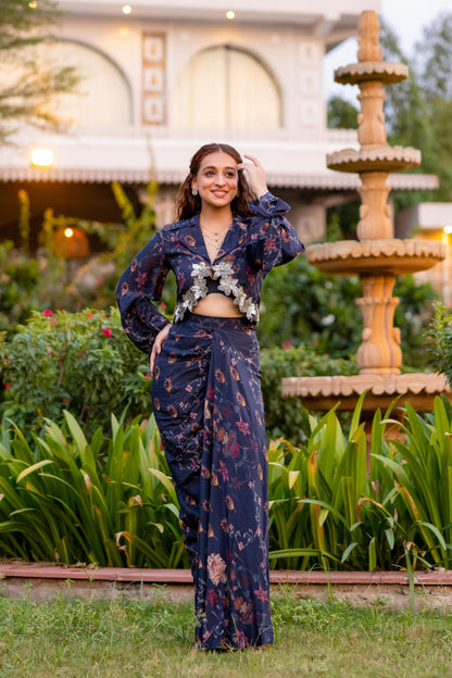 Noor jacket paired with draped skirt
