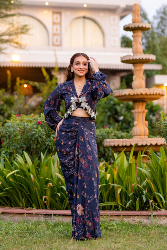 Noor jacket paired with draped skirt