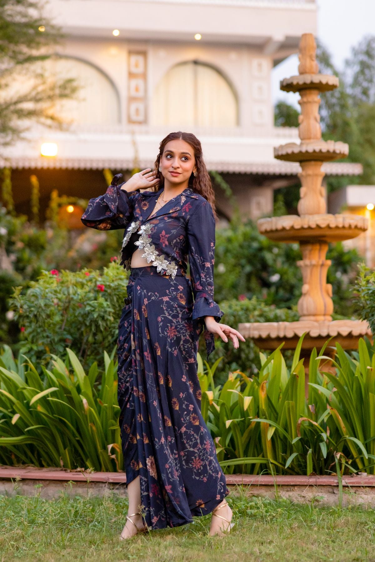 Noor jacket paired with draped skirt