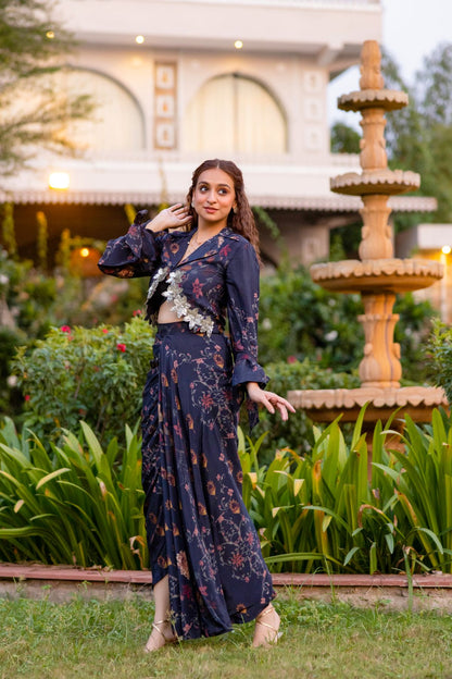 Noor jacket paired with draped skirt