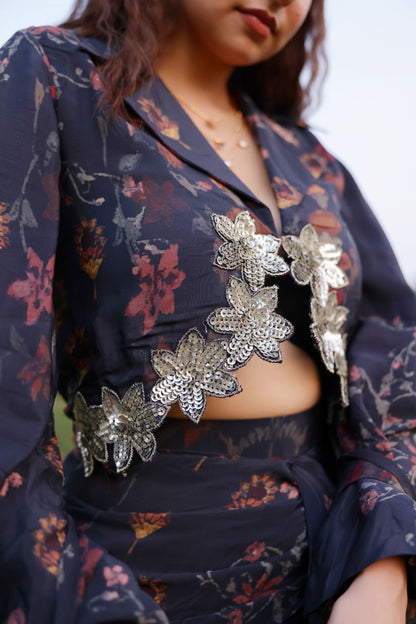 Noor jacket paired with draped skirt