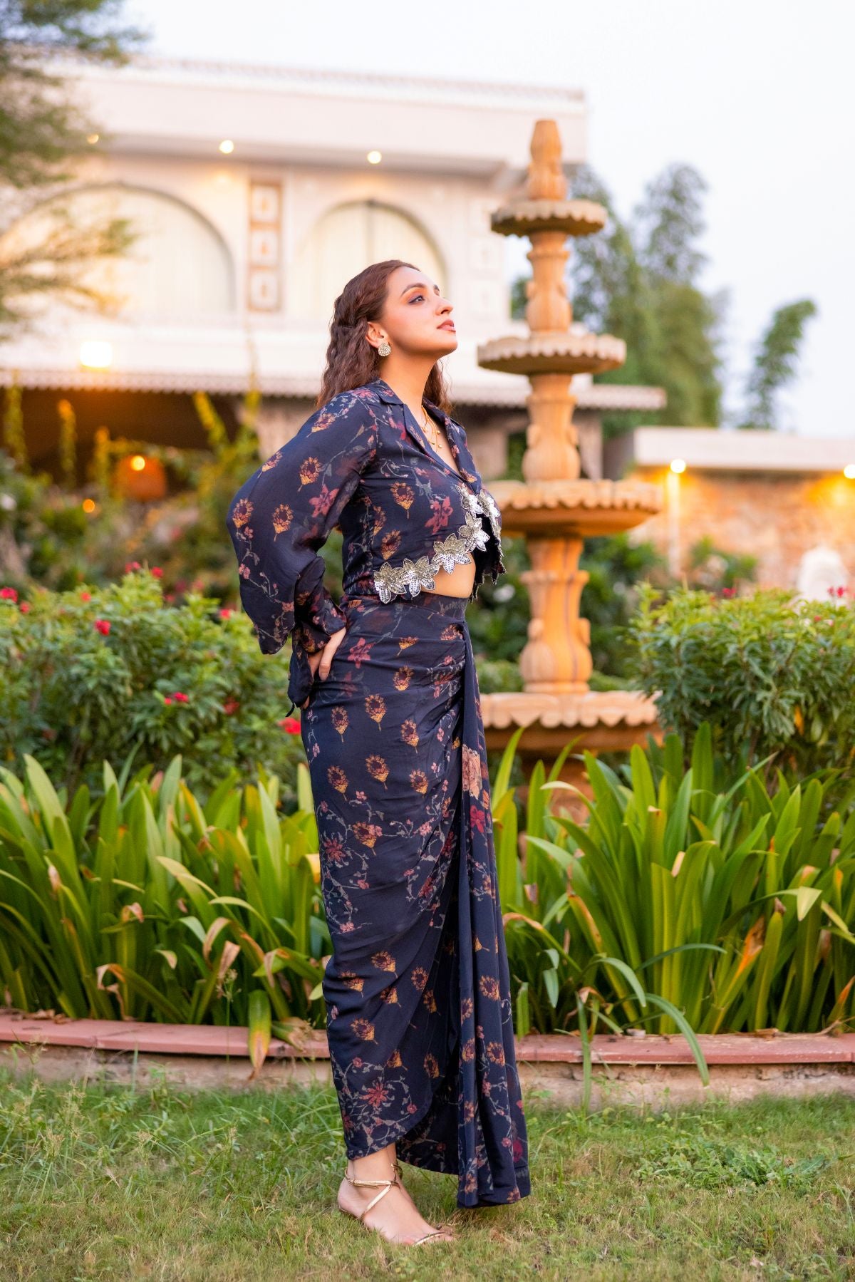 Noor jacket paired with draped skirt