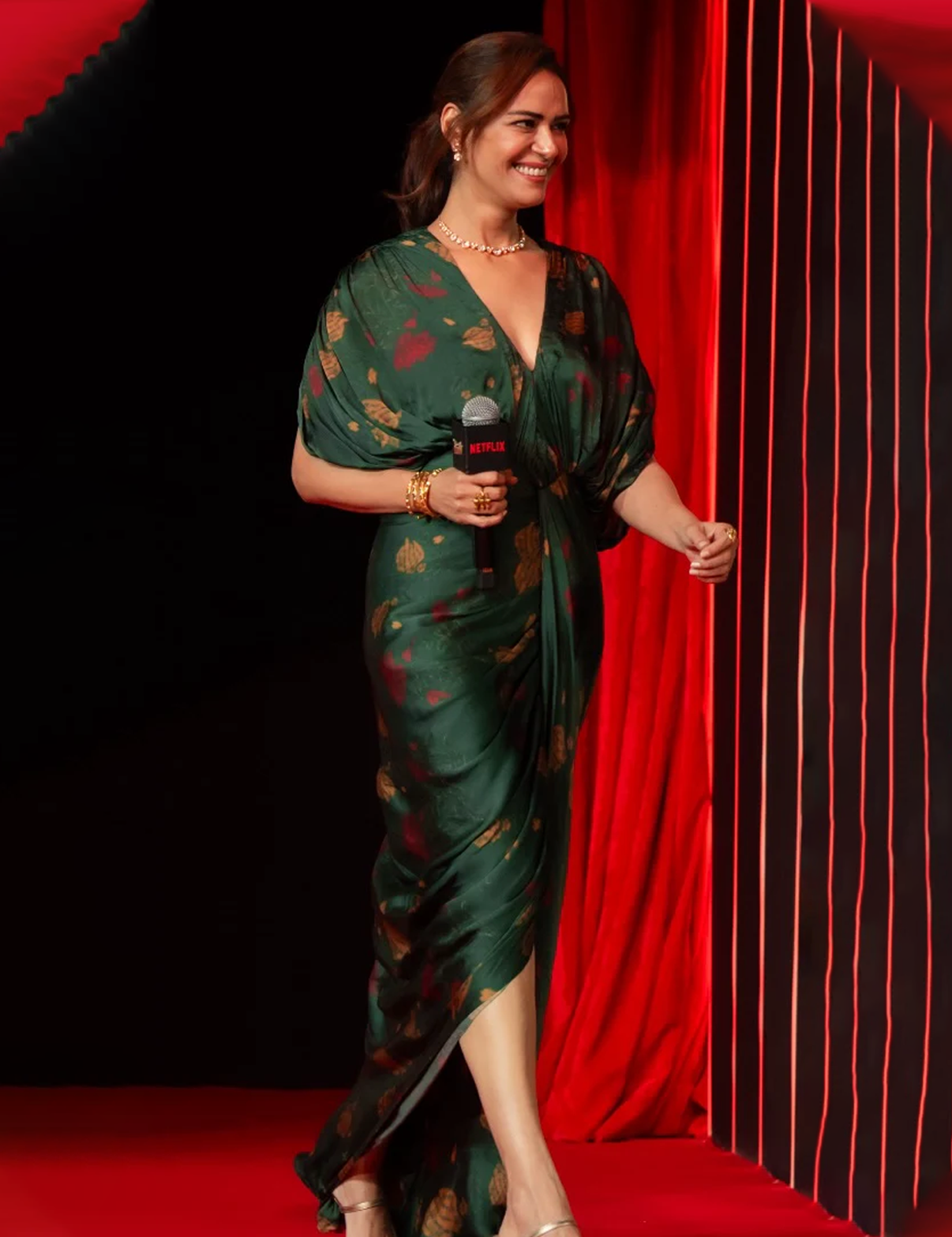 Mona Singh in Panna plunge kaftan gown