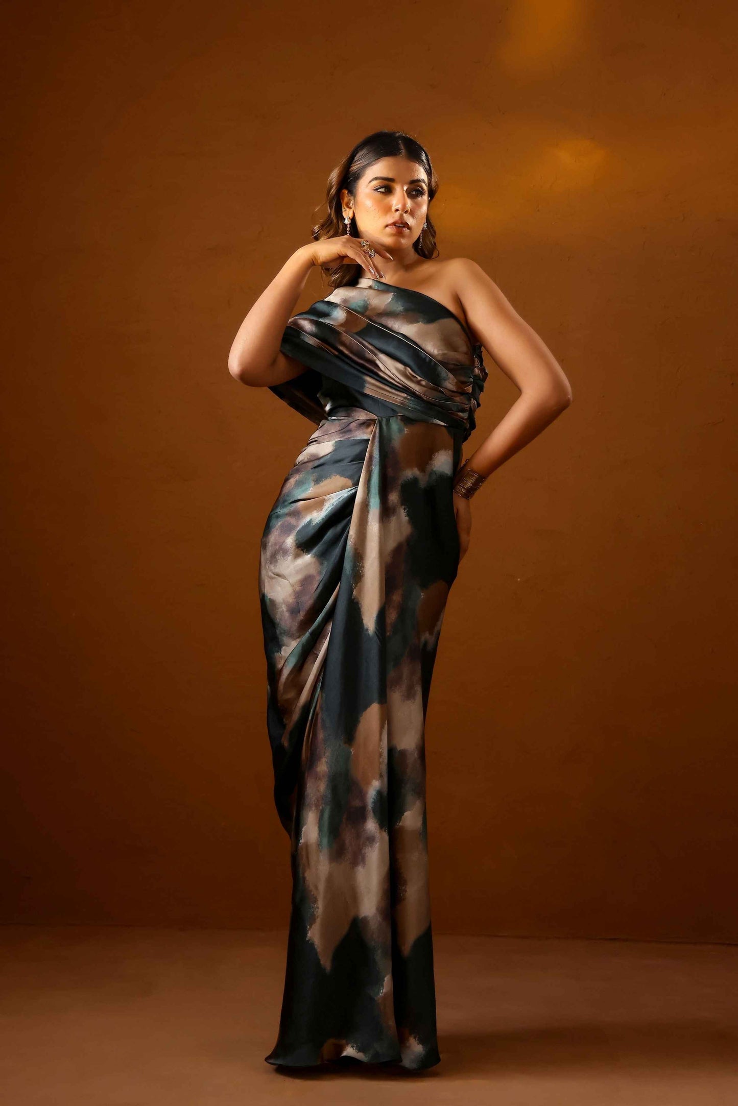 Patina one-shoulder gown