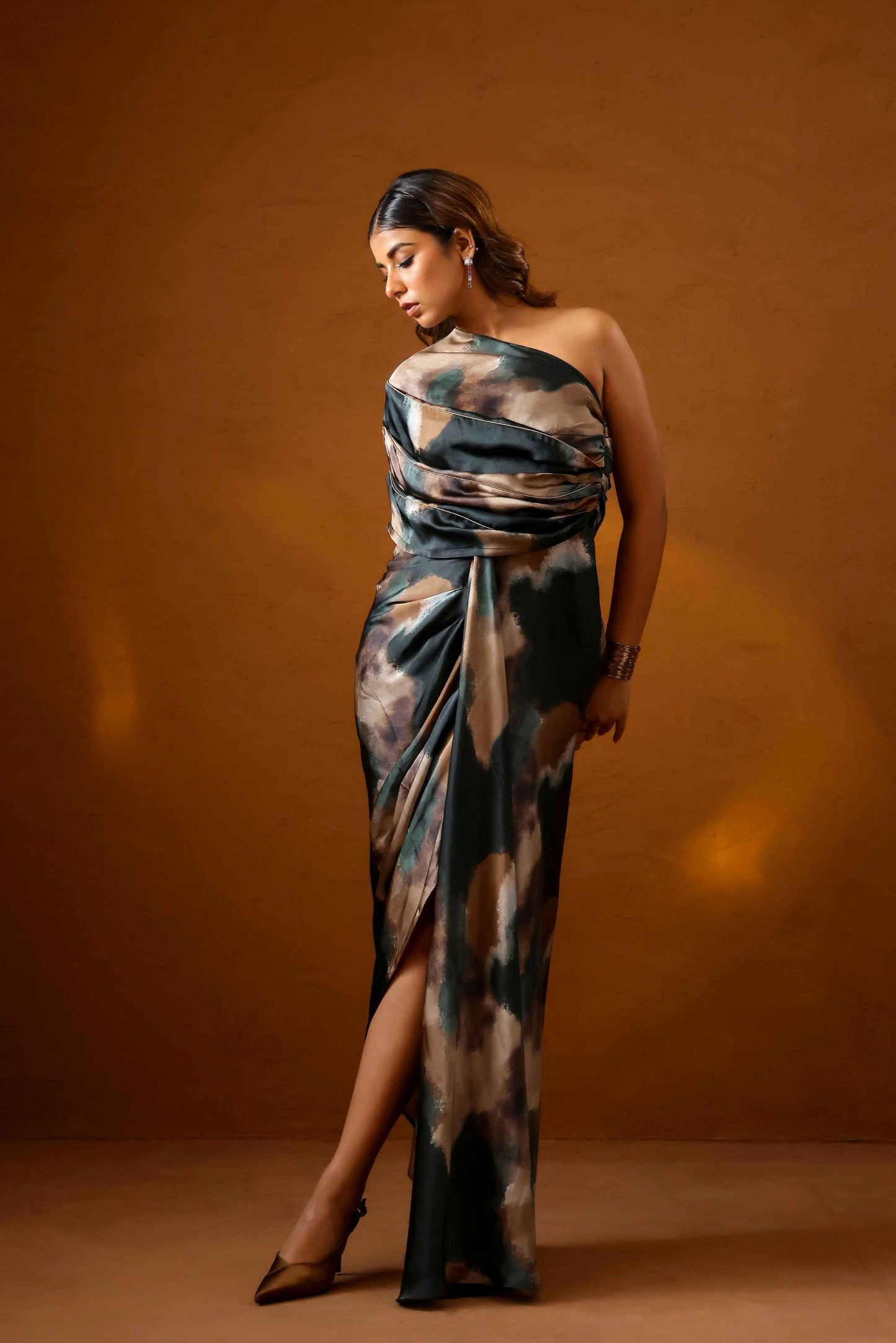 Patina one-shoulder gown