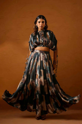 Heena Somani in Patina skirt paired with bustier and jacket