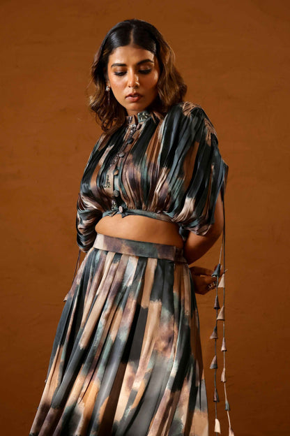 Heena Somani in Patina skirt paired with bustier and jacket