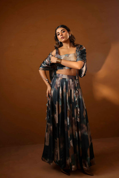 Heena Somani in Patina skirt paired with bustier and jacket