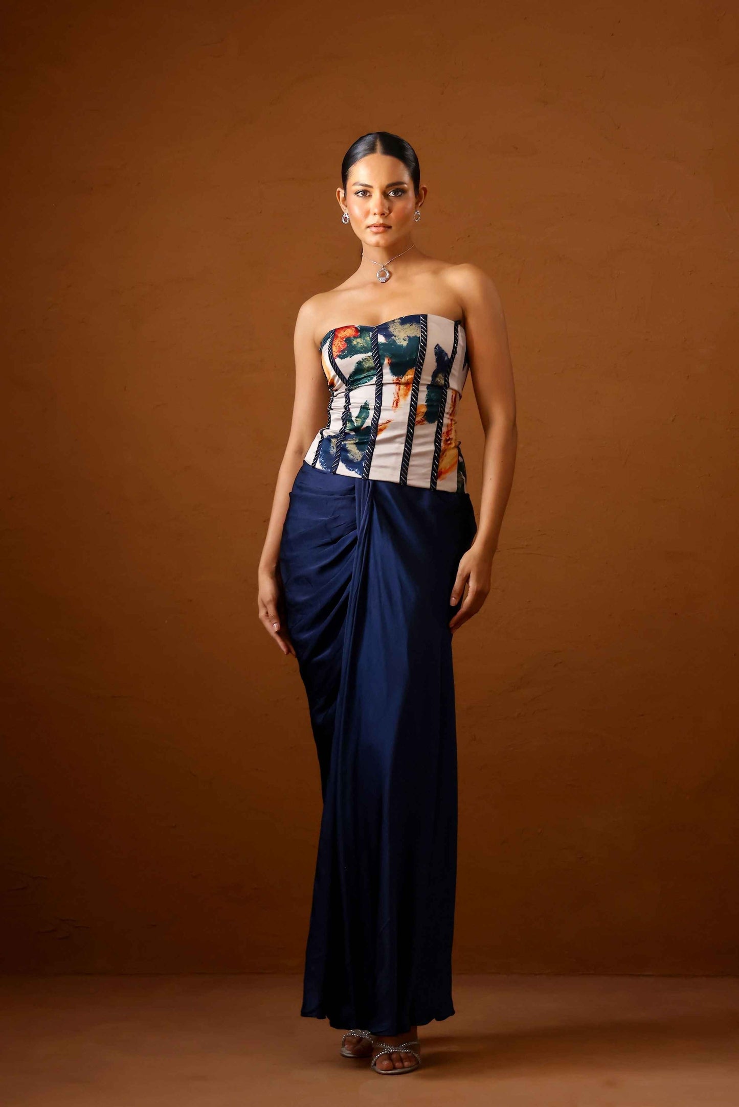 Pardesi Embroidered corset with draped skirt - Studio Surbhi