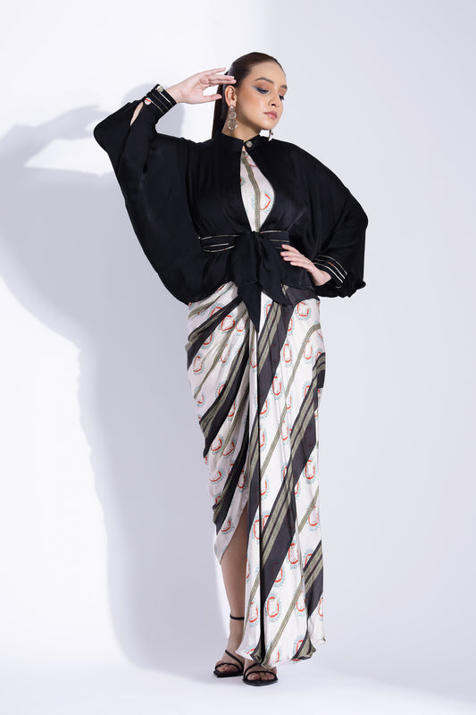 Hand draped gown with kimono shirt