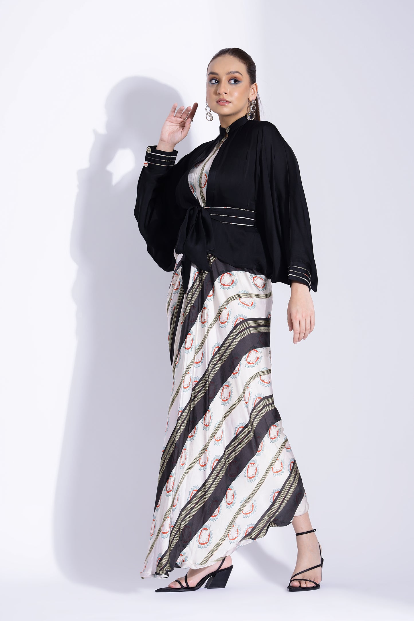 Hand draped gown with kimono shirt