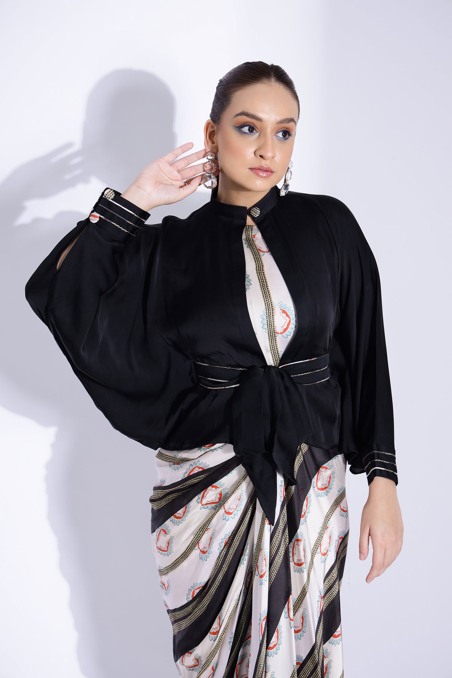 Hand draped gown with kimono shirt