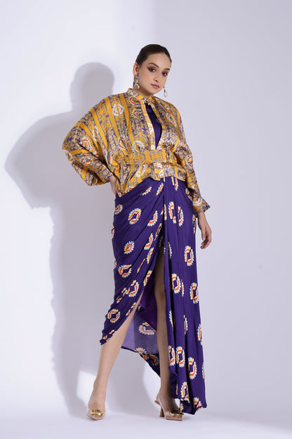 Hand draped gown with kimono shirt