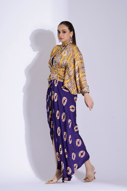 Hand draped gown with kimono shirt
