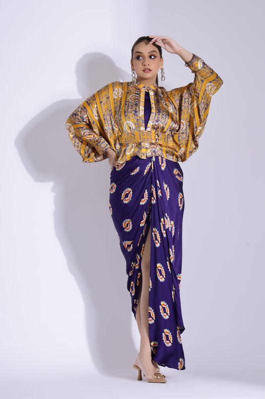 Hand draped gown with kimono shirt