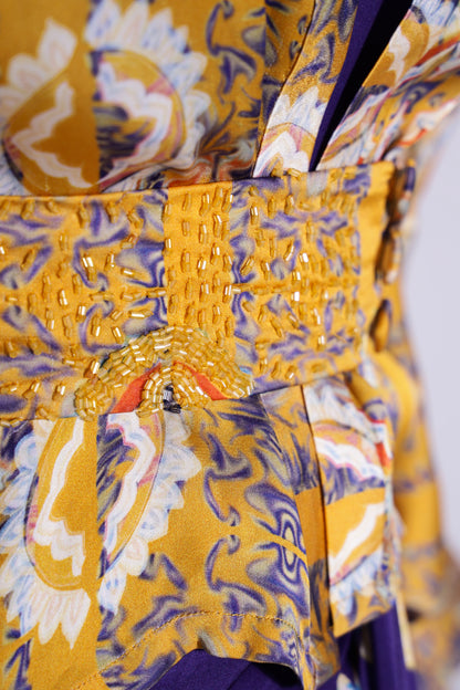 Hand draped gown with kimono shirt
