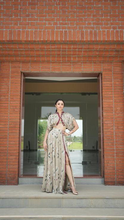 Pooja Desai in Jasmine kalidar skirt with draped jacket and blouse