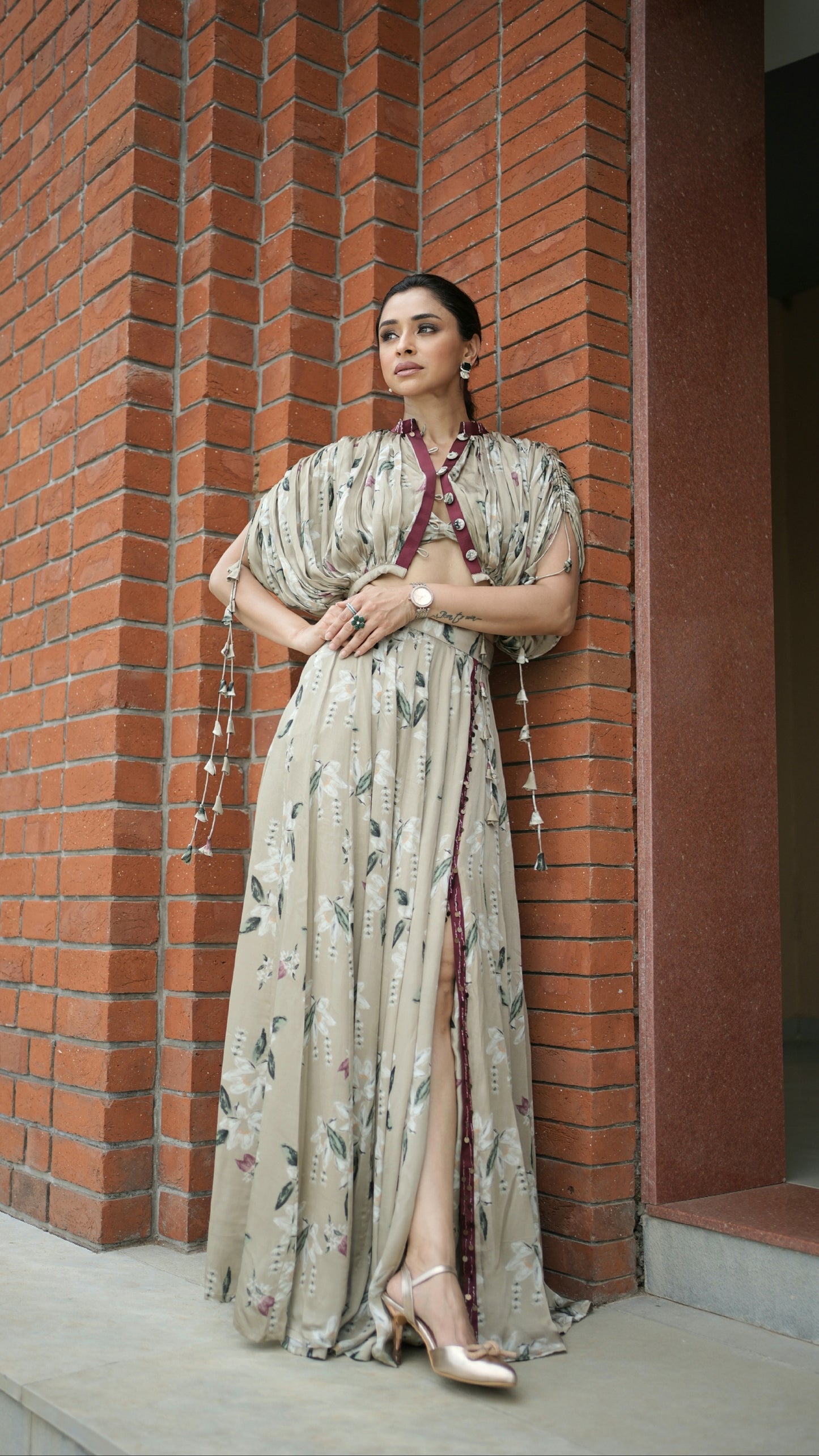 Pooja Desai in Jasmine kalidar skirt with draped jacket and blouse