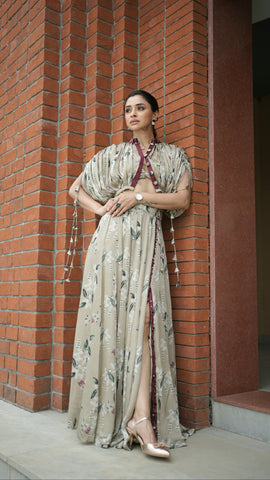 Pooja Desai in Jasmine kalidar skirt with draped jacket and blouse