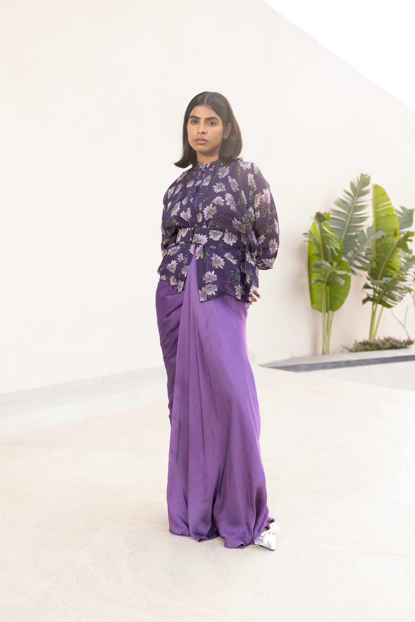 Camellia draped gown with shirt